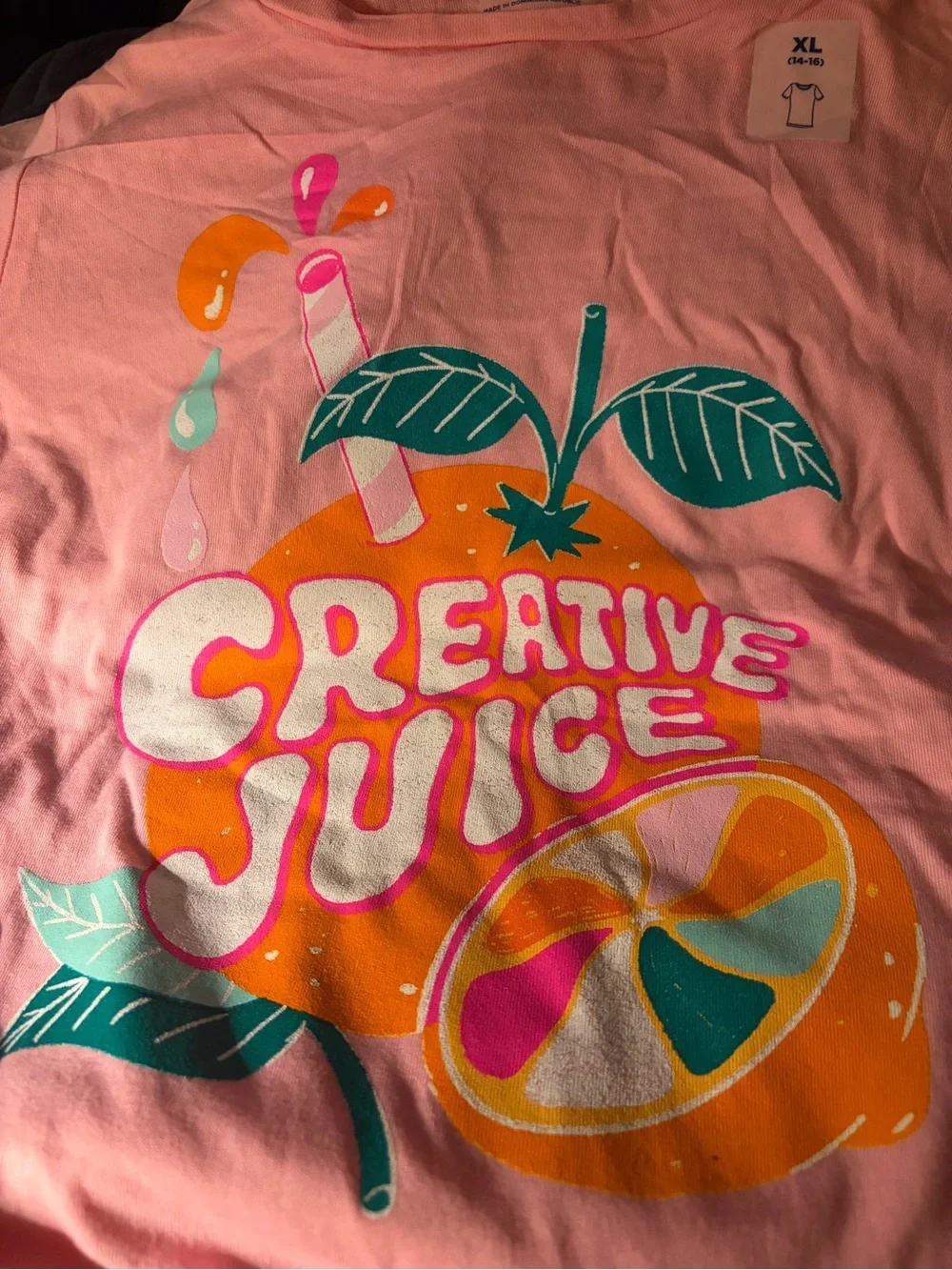 Old Navy Pink Graphic Tee with Orange & Teal 'Creative Juice' Print